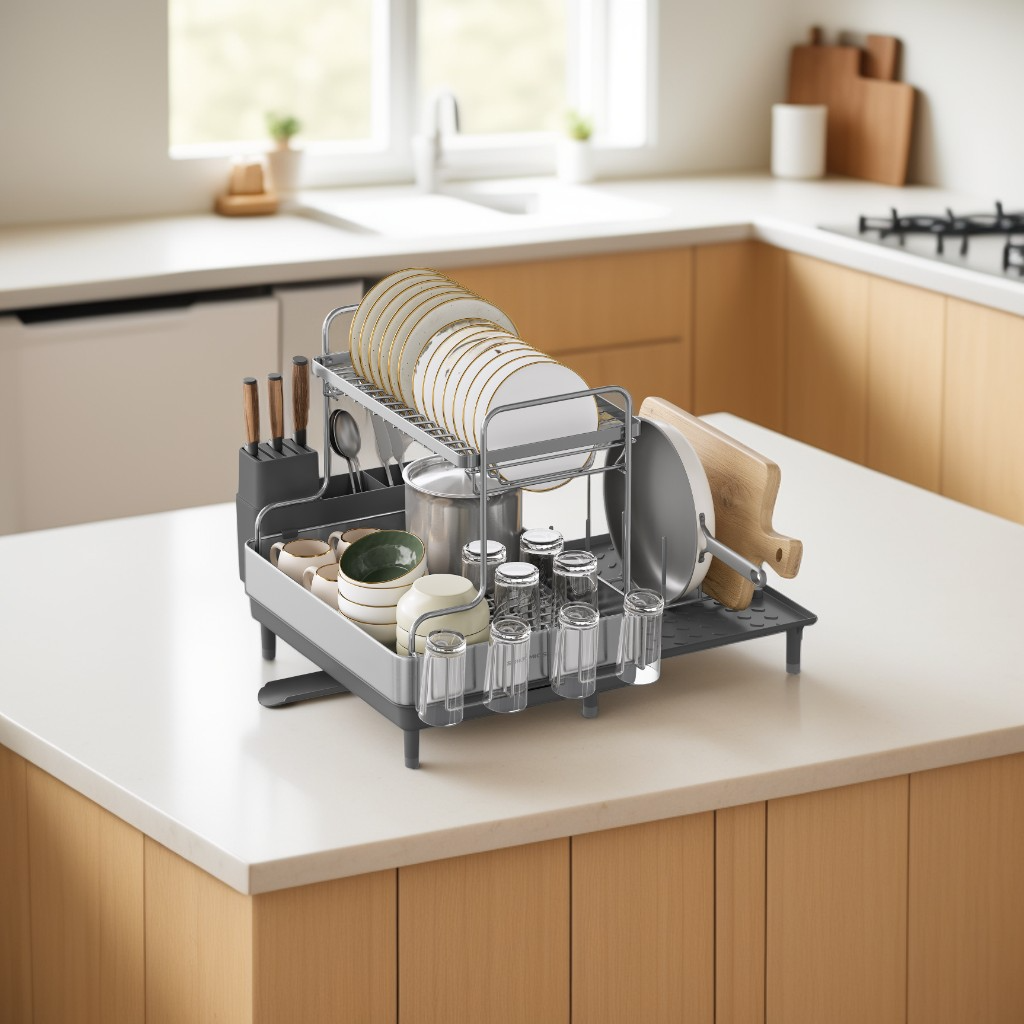 2-Tier Expandable Dish Drying Rack, Stainless Steel Dish Dryer with Drain Spout and Utensil Holder for Kitchen Counter, Silver and Gray
