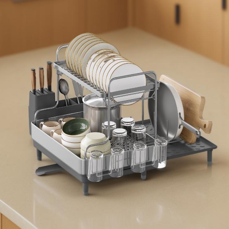 2-Tier Expandable Dish Drying Rack, Stainless Steel Dish Dryer with Drain Spout and Utensil Holder for Kitchen Counter, Silver and Gray
