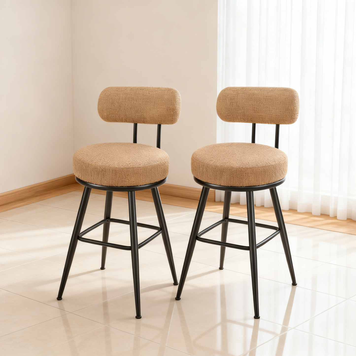 Bar Stools Set of 2, Counter Height Swivel Stools with Boucle Fabric & Curved Back, 360° Rotation Seat, Contemporary Modern Kitchen Island Chairs, Camel Brown