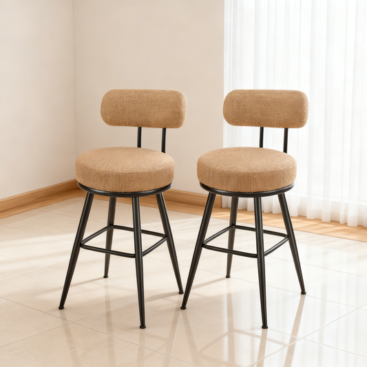 Bar Stools Set of 2, Counter Height Swivel Stools with Boucle Fabric & Curved Back, 360° Rotation Seat, Contemporary Modern Kitchen Island Chairs, Camel Brown
