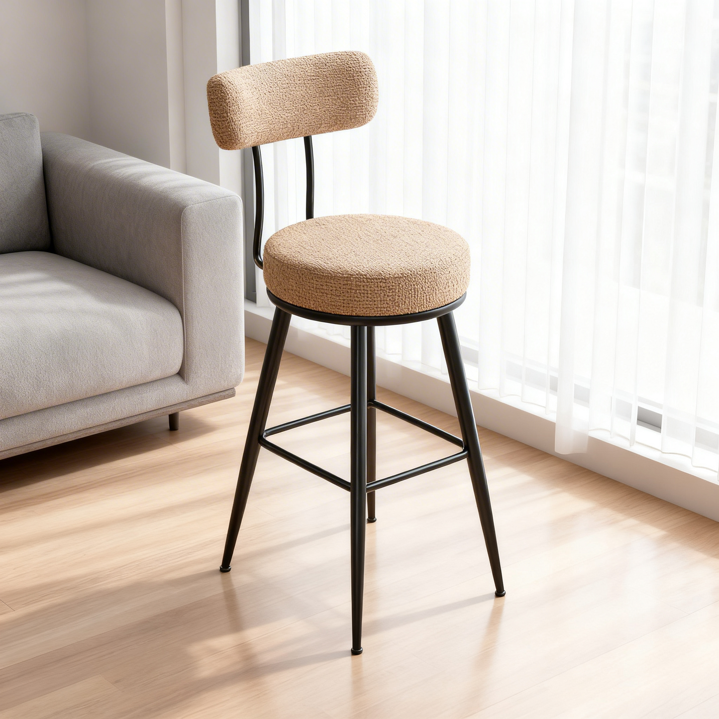 Bar Stools Set of 2, Counter Height Swivel Stools with Boucle Fabric & Curved Back, 360° Rotation Seat, Contemporary Modern Kitchen Island Chairs, Camel Brown