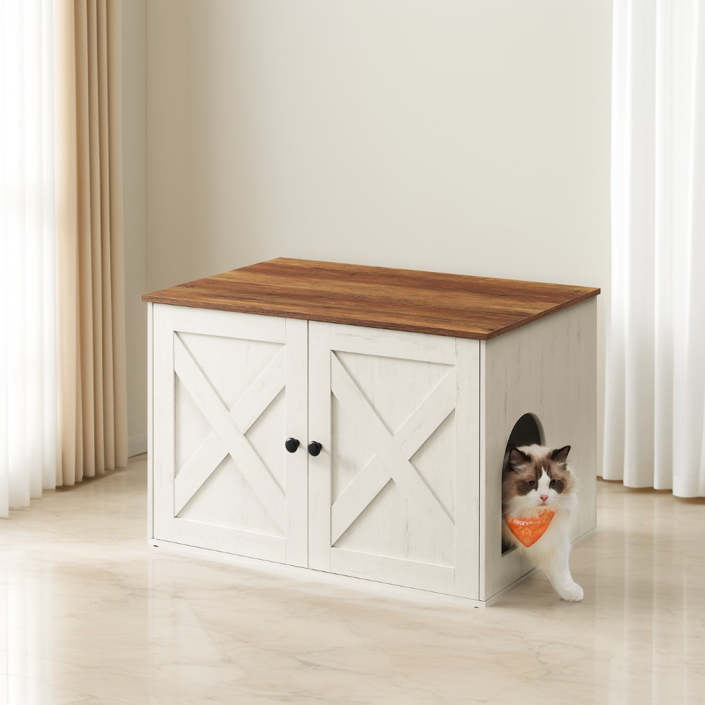 Litter Box Enclosure Furniture, Hidden Indoor Cat House and End Table, 27.6 x 19.7 Inches, Rustic White and Honey Brown
