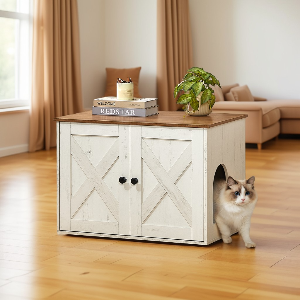 Litter Box Enclosure Furniture, Hidden Indoor Cat House and End Table, 27.6 x 19.7 Inches, Rustic White and Honey Brown