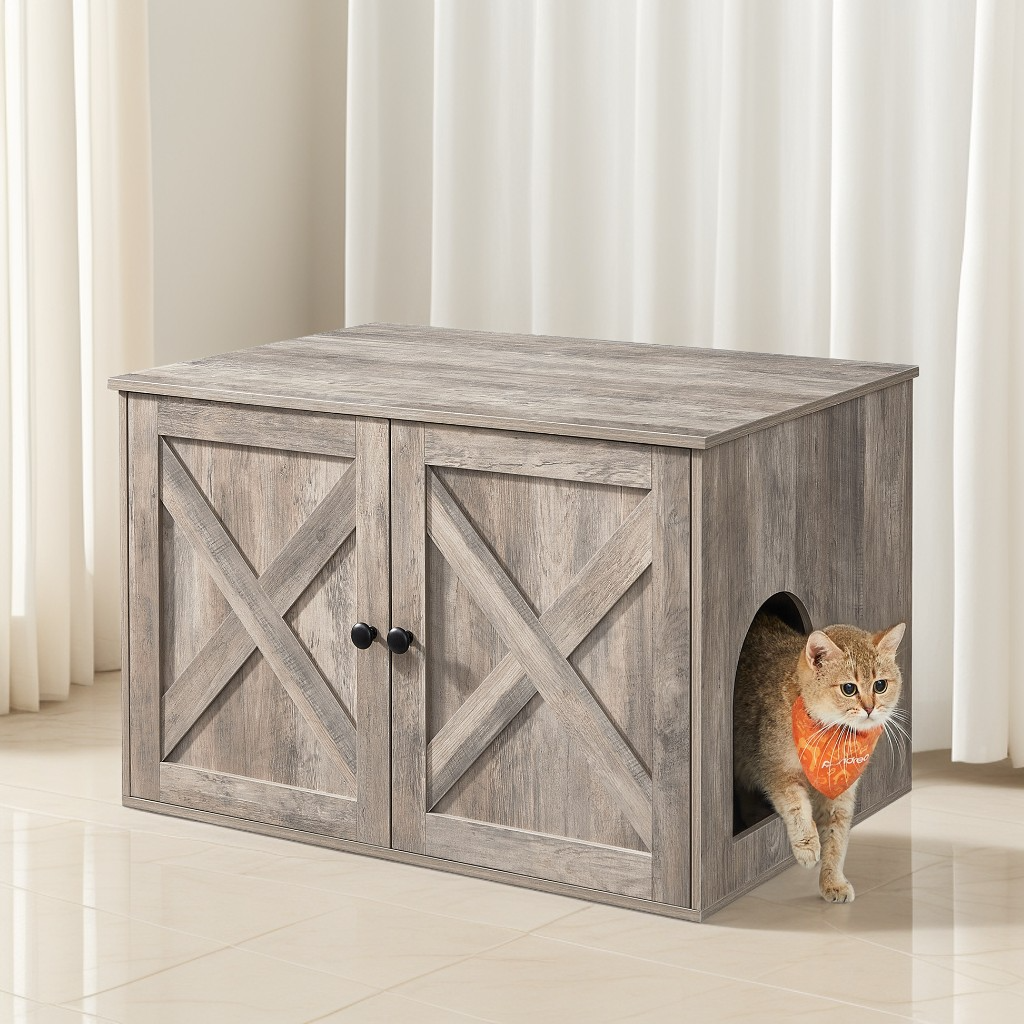 Litter Box Enclosure Furniture, Hidden Indoor Cat House and End Table, 27.6 x 19.7 Inches, Heather Greige