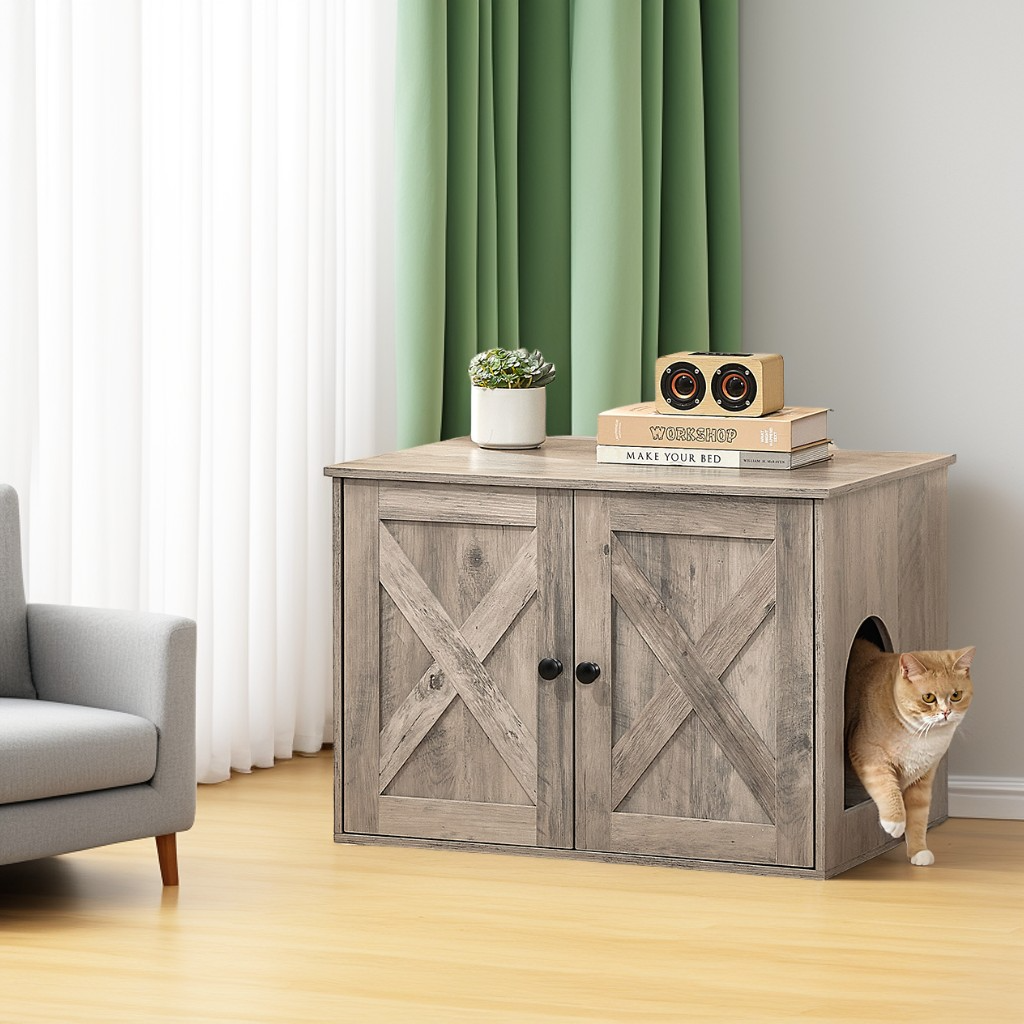 Litter Box Enclosure Furniture, Hidden Indoor Cat House and End Table, 27.6 x 19.7 Inches, Heather Greige
