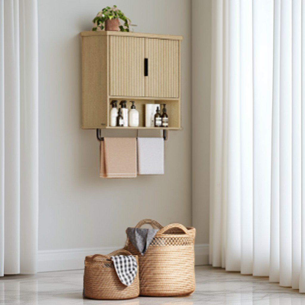 Wall-Mounted Over Toilet Cabinet with Adjustable Shelf, Fluted Doors Hanging Cabinet and Towel Bar, 23.6 x 28.7 Inches, Oak Beige