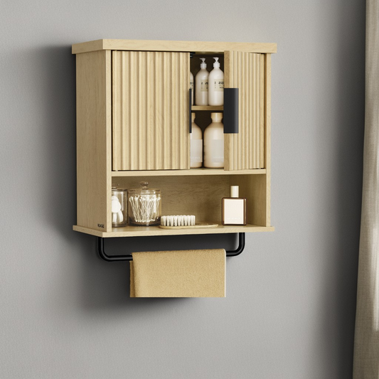Wall-Mounted Over Toilet Cabinet with Adjustable Shelf, Fluted Doors Hanging Cabinet and Towel Bar, 17.7 x 24 Inches, Oak Beige