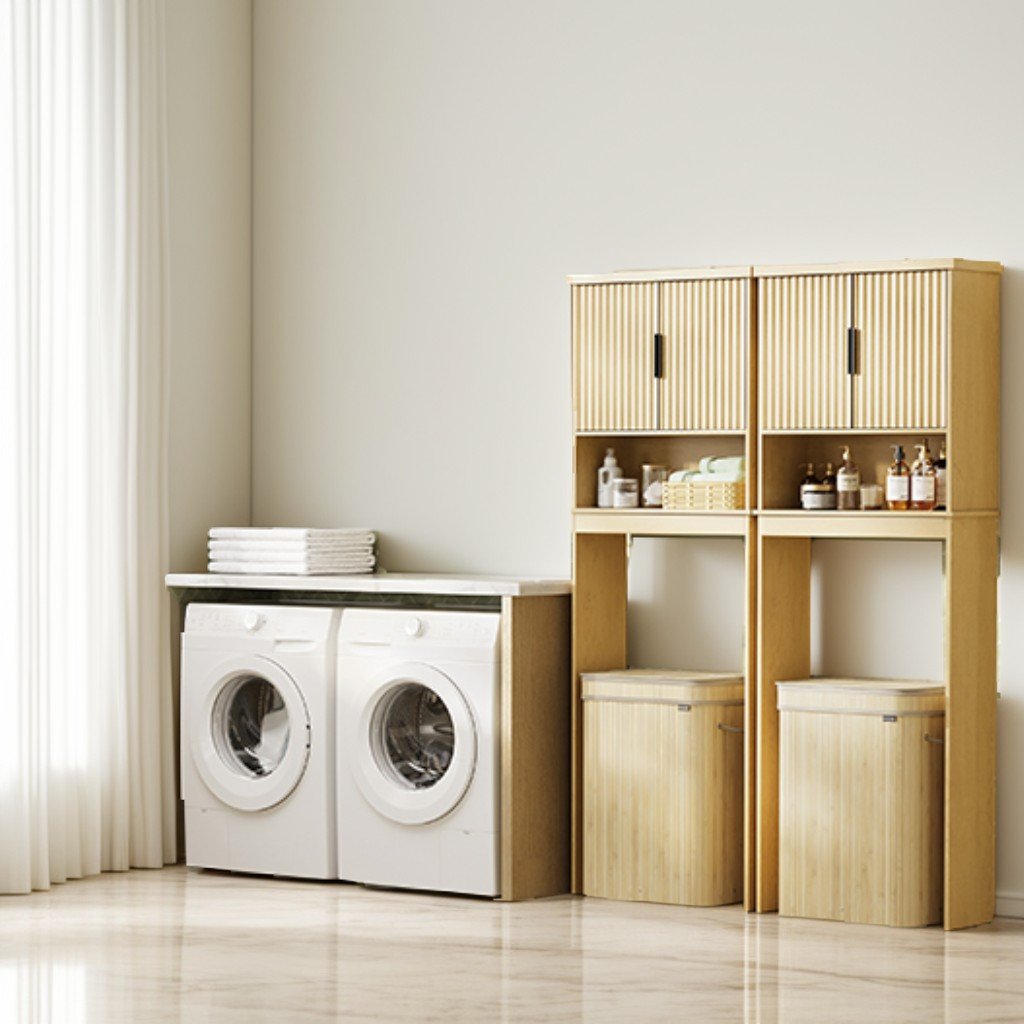 Over-The-Toilet Storage Cabinet with Fluted Doors, Adjustable Shelf Mid Century Modern Bathroom Organizer, 23.6 Inch Wide, Oak Beige