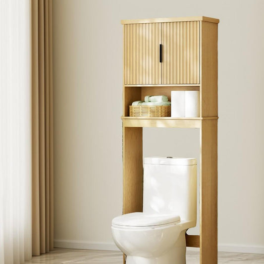 Over-The-Toilet Storage Cabinet with Fluted Doors, Adjustable Shelf Mid Century Modern Bathroom Organizer, 23.6 Inch Wide, Oak Beige
