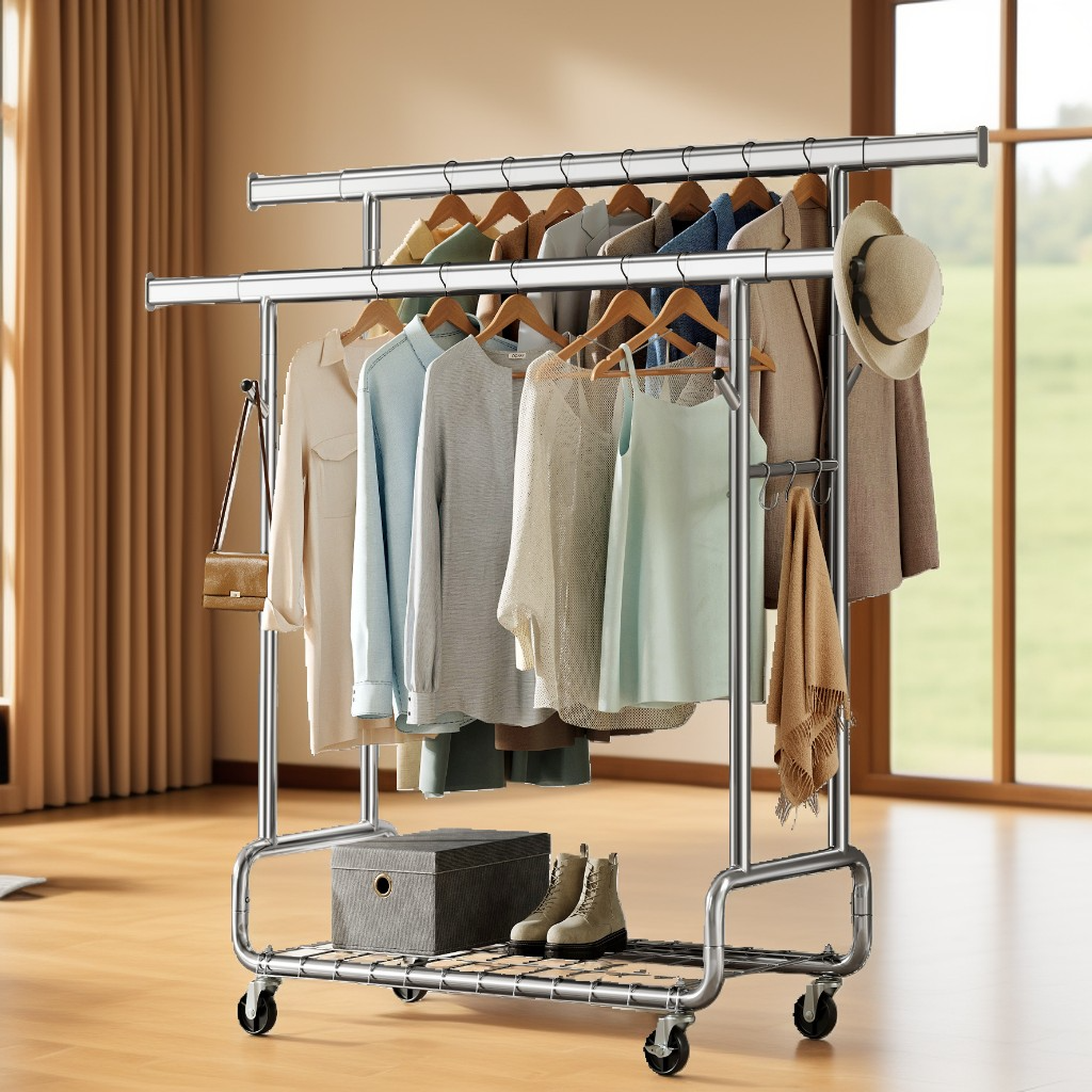 Heavy-Duty Garment Rack with 2 Extendable Hanging Rods and Wheels, Clothes Rack for Hanging with 594 lb Capacity, 42.1-59 Inches Wide