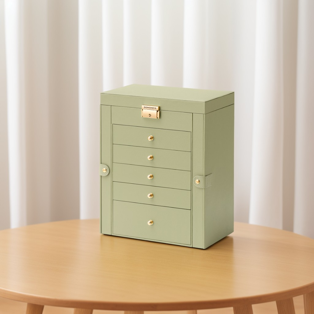6-Layer Jewelry Box with Lock and Mirror, 5-Drawer Jewelry Storage Organizer for Necklaces and Watches, Sage Green