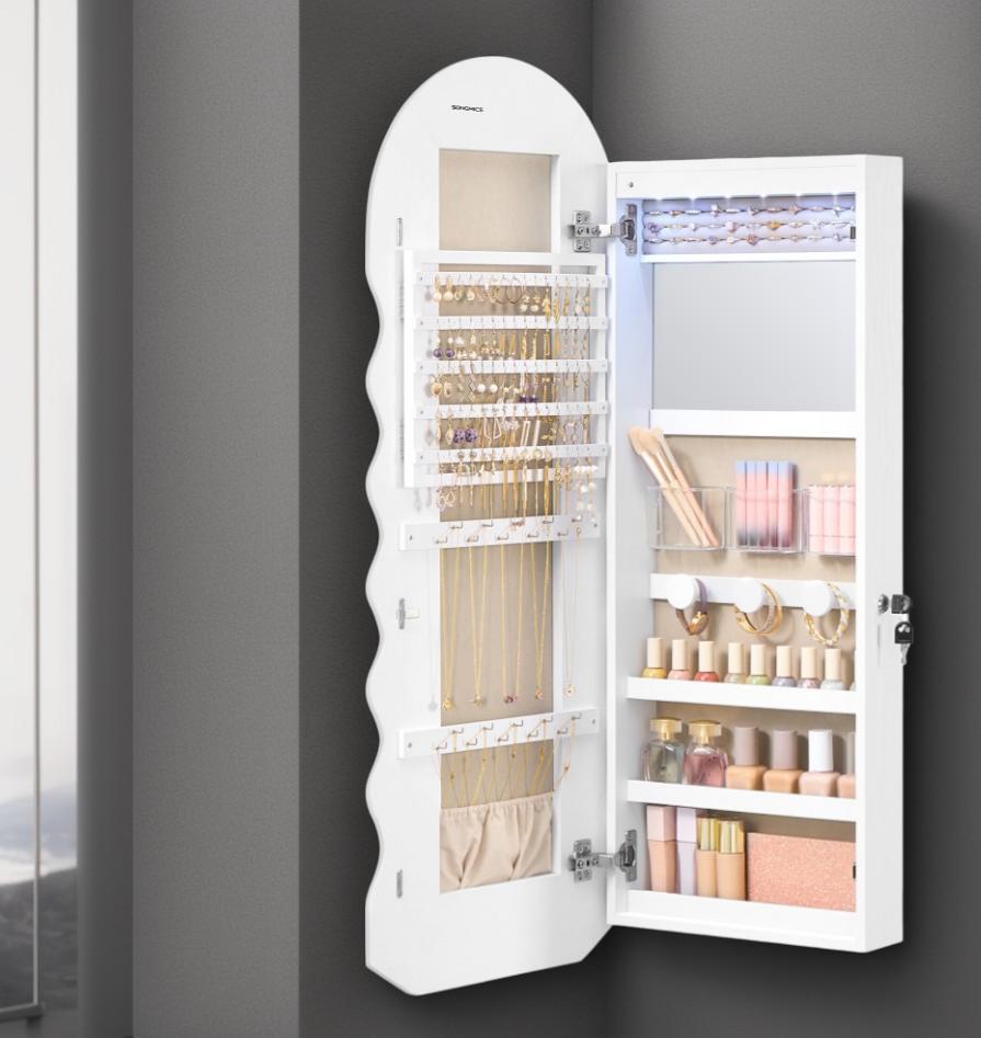 Wall-Mounted Mirror Jewelry Cabinet with LED Lights, Lockable Wavy Full-Length Mirror and Jewelry Organizer, 16.5 x 42.5 Inches, White