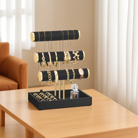3-Tier Bracelet Holder Stand with Velvet Tray and Removable Ring Holder, Jewelry Display Organizer, Ink Black