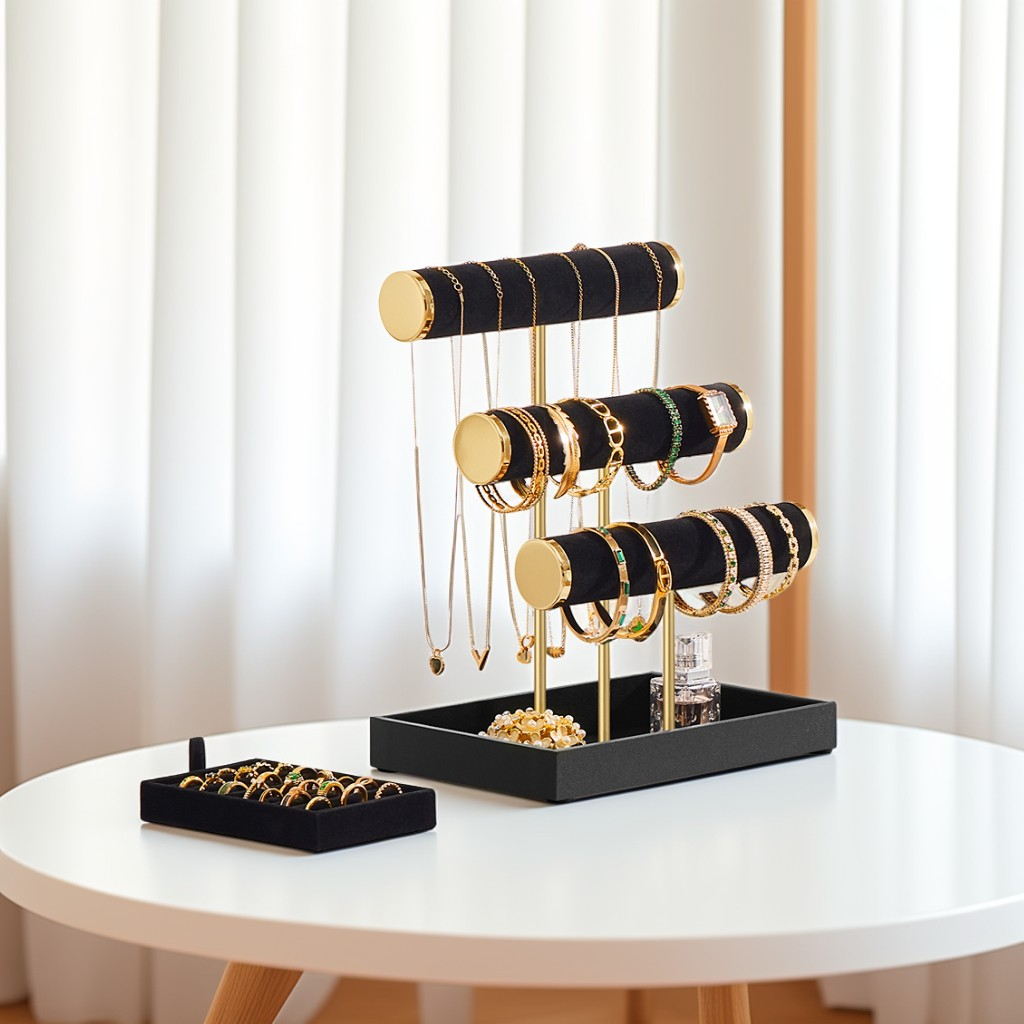 3-Tier Bracelet Holder Stand with Velvet Tray and Removable Ring Holder, Jewelry Display Organizer, Ink Black