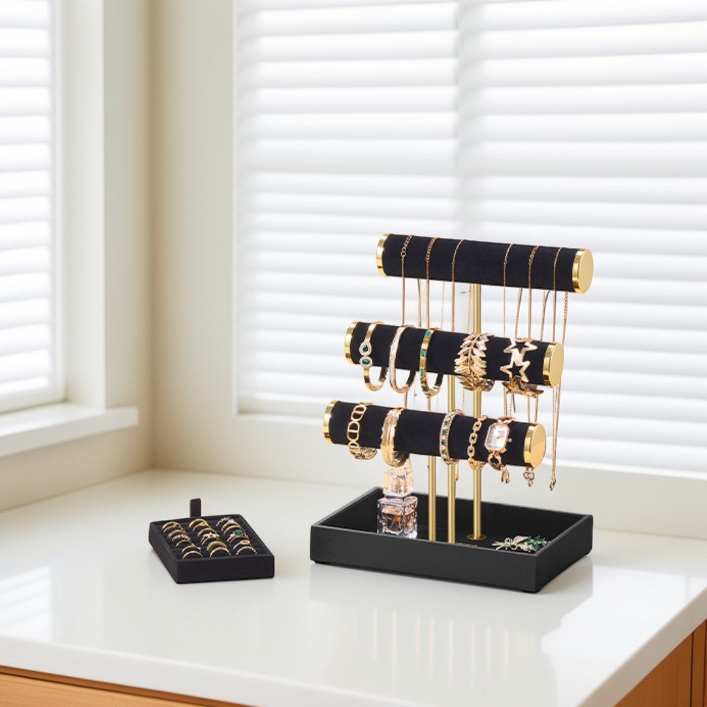 3-Tier Bracelet Holder Stand with Velvet Tray and Removable Ring Holder, Jewelry Display Organizer, Ink Black