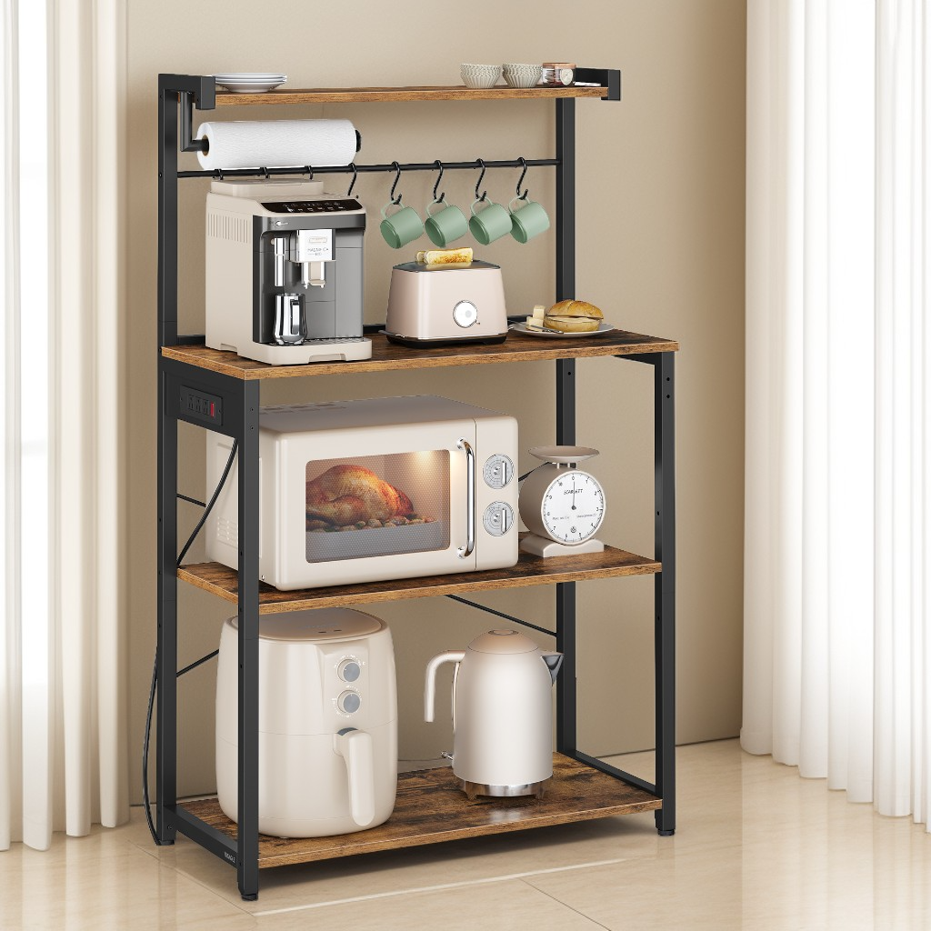 4-Tier Kitchen Bakers Rack with Power Outlet, 31.5-Inch Wide Coffee Bar and Microwave Stand with Adjustable Shelf, Rustic Brown and Ink Black