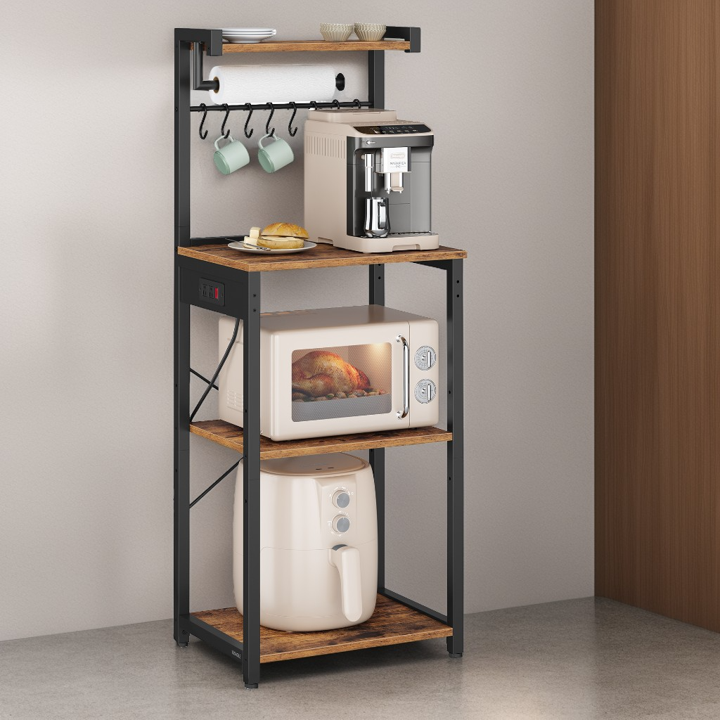 4-Tier Kitchen Bakers Rack with Power Outlet, Coffee Bar and Microwave Stand with Adjustable Shelf, Rustic Brown and Ink Black