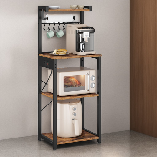 4-Tier Kitchen Bakers Rack with Power Outlet, Coffee Bar and Microwave Stand with Adjustable Shelf, Rustic Brown and Ink Black