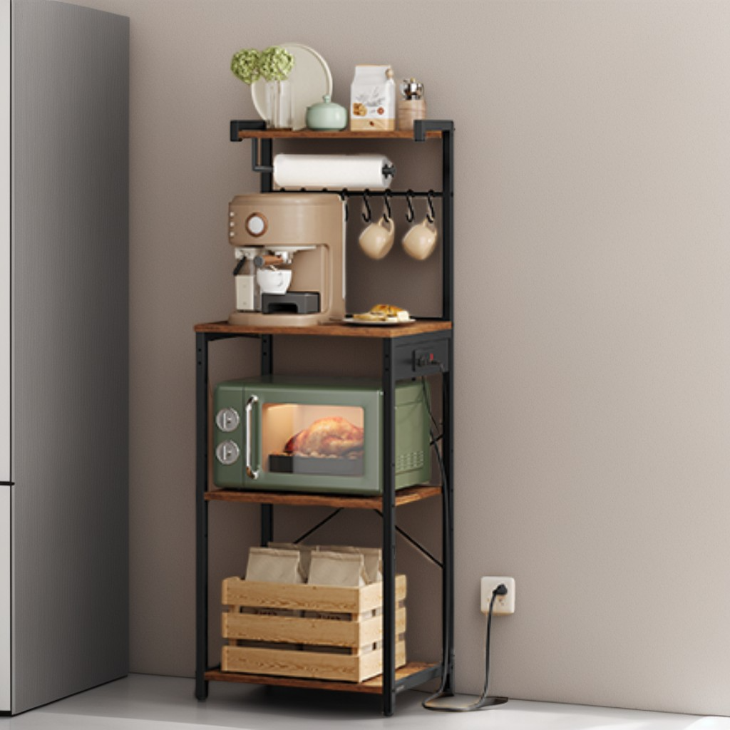 4-Tier Kitchen Bakers Rack with Power Outlet, Coffee Bar and Microwave Stand with Adjustable Shelf, Rustic Brown and Ink Black