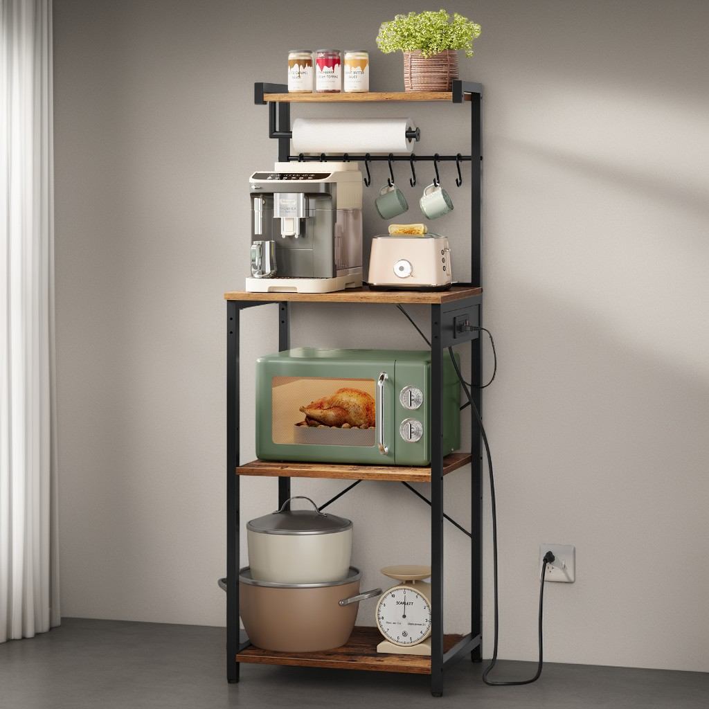 4-Tier Kitchen Bakers Rack with Power Outlet, Coffee Bar and Microwave Stand with Adjustable Shelf, Rustic Brown and Ink Black