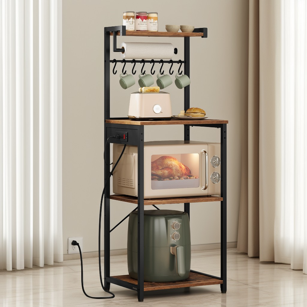 4-Tier Kitchen Bakers Rack with Power Outlet, Coffee Bar and Microwave Stand with Adjustable Shelf, Rustic Brown and Ink Black