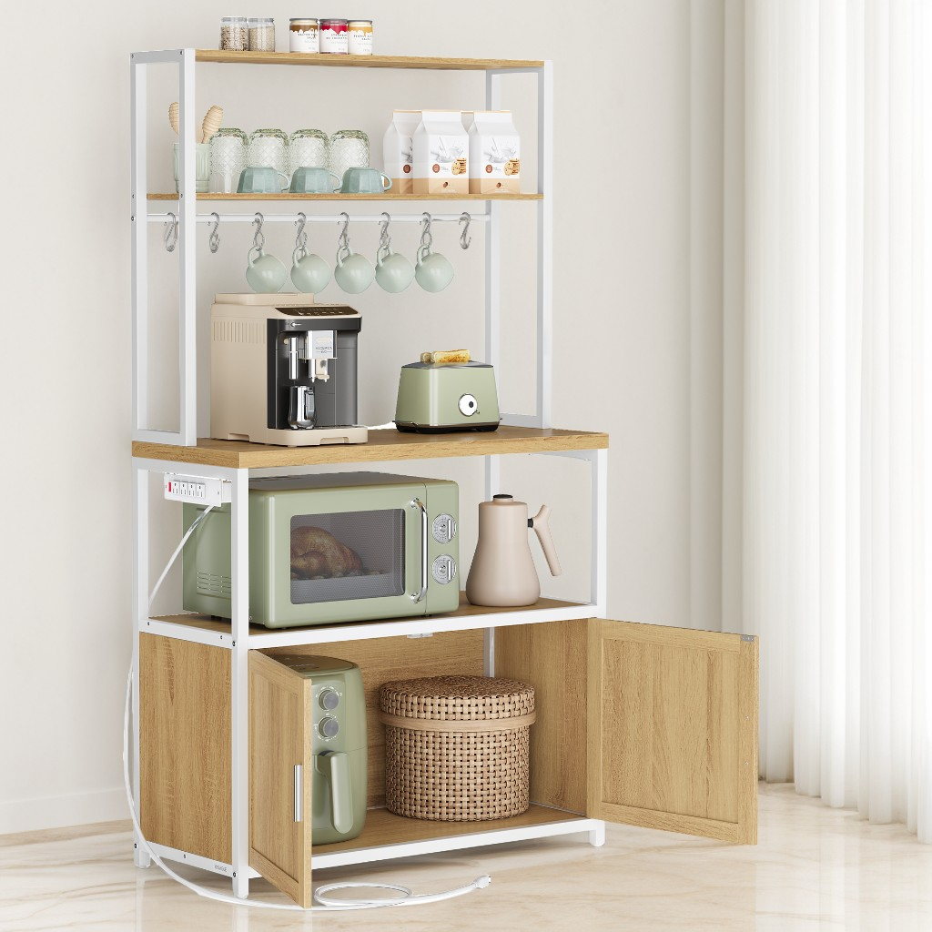 Kitchen Bakers Rack with Power Outlet, Coffee Bar with 35.4-Inch High Worktop and Microwave Stand, Golden Oak and Cloud White