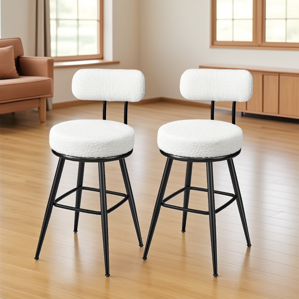 Set of 2 Swivel Bar Stools with Back, Counter Height Boucle Fabric Stools, 25.4-Inch Tall Modern Kitchen Stools, Cloud White