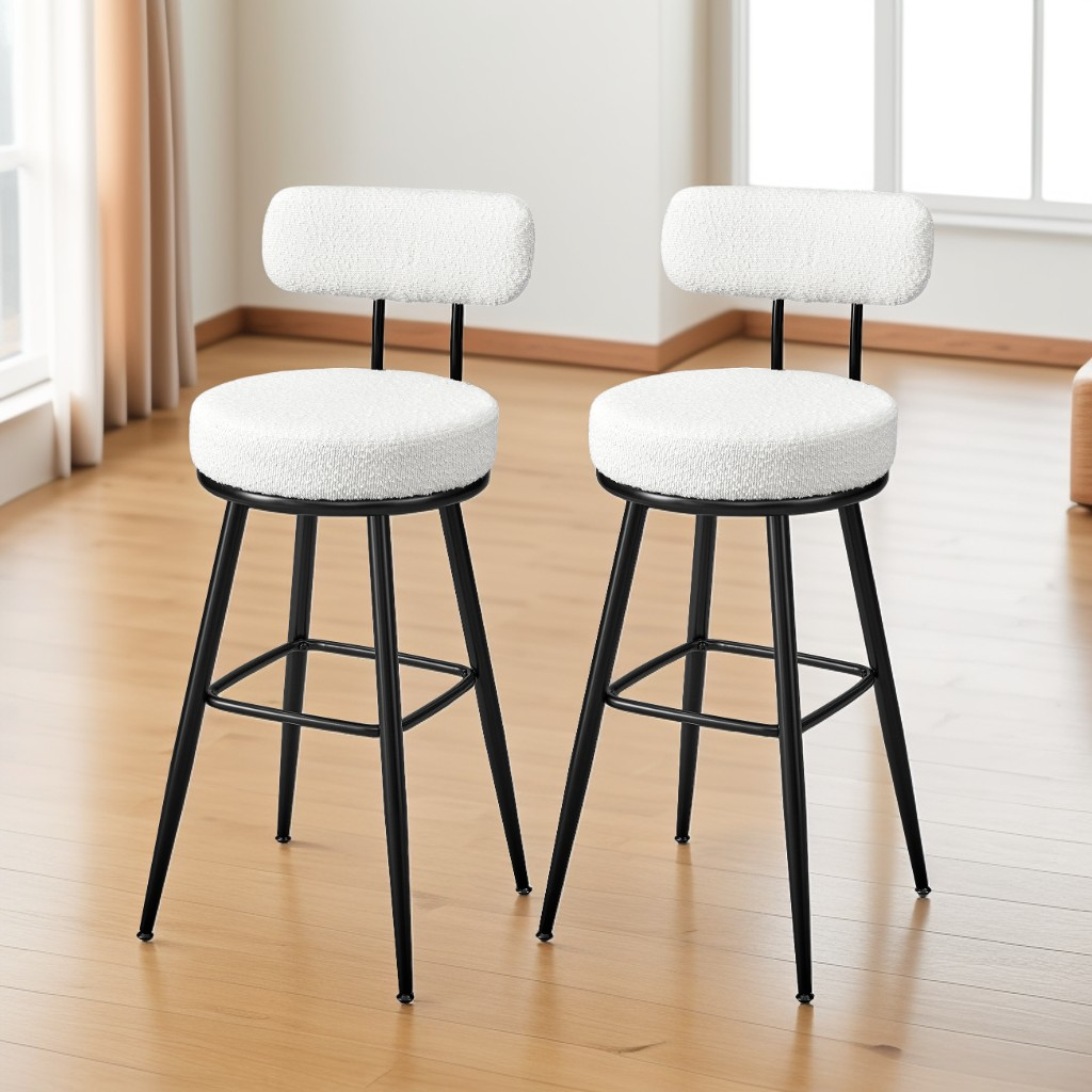 Set of 2 Swivel Bar Stools with Back, Bar Height Boucle Fabric Stools, 30.1-Inch Tall Modern Kitchen Stools, Cloud White