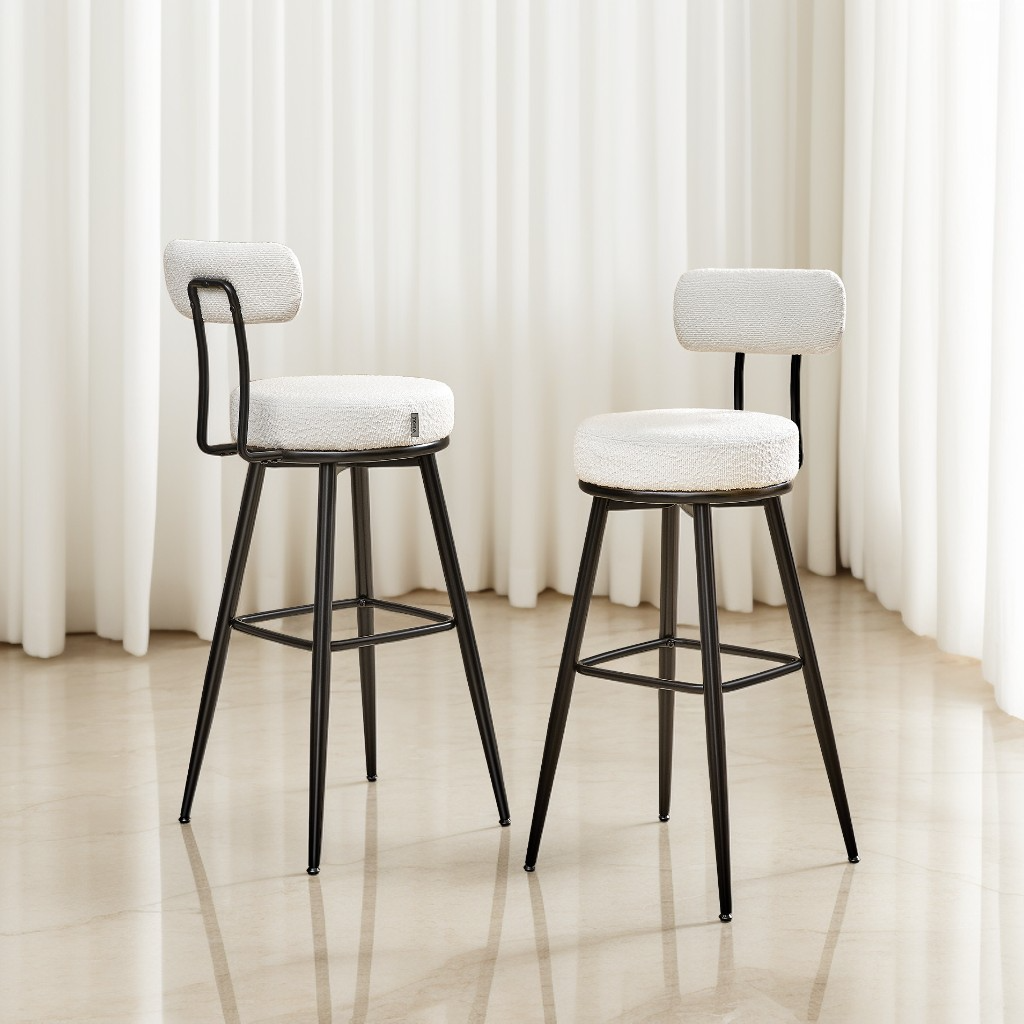 Set of 2 Swivel Bar Stools with Back, Bar Height Boucle Fabric Stools, 30.1-Inch Tall Modern Kitchen Stools, Cloud White