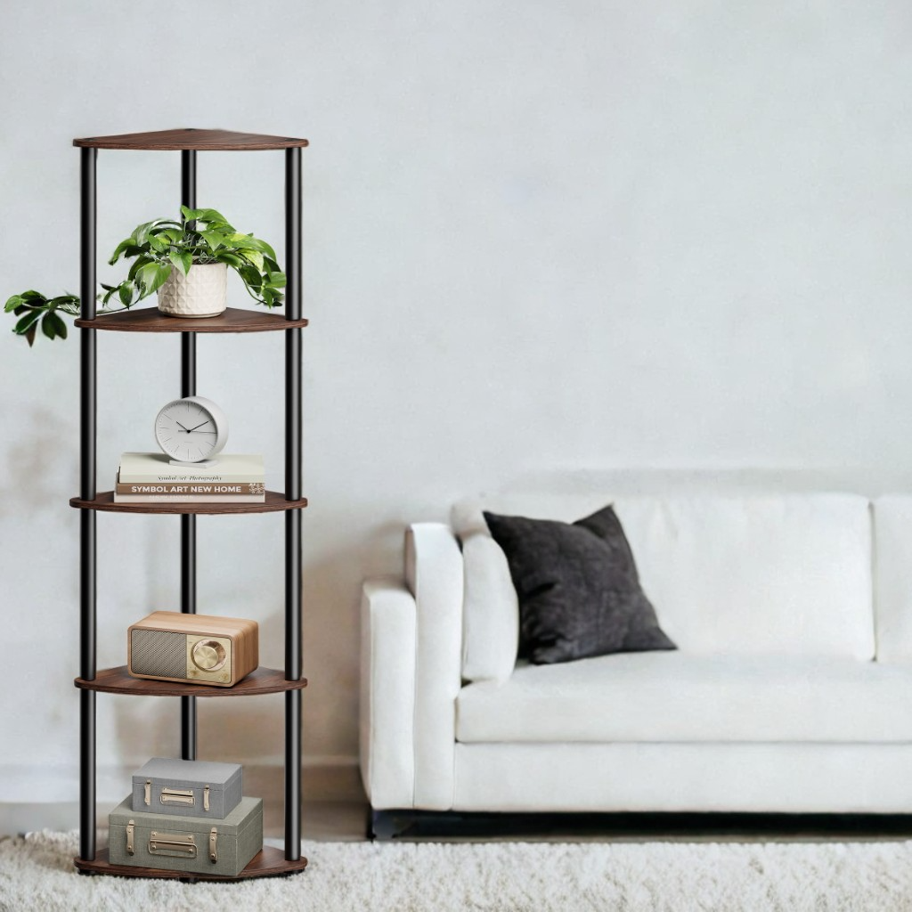 5-Tier Corner Shelf with Toolless Assembly, 15 x 10.6 Inch Standing Shelf for Living Room, Bedroom and Kitchen, Somber Walnut