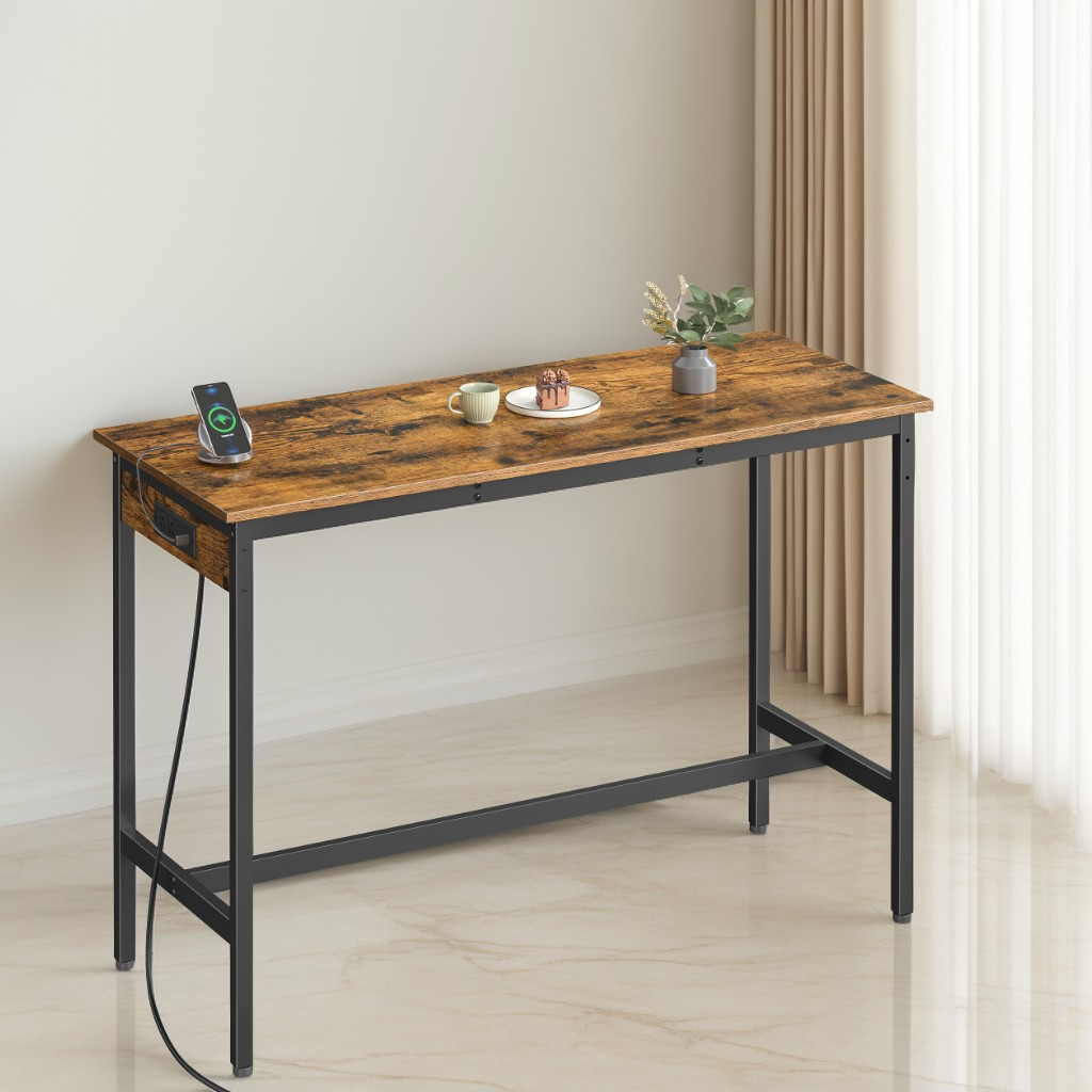 Narrow Bar Table with Charging Station, 47.2 Inch Kitchen Dining Table with USB Ports and Metal Frame, Rustic Brown and Ink Black