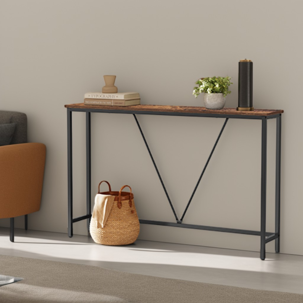 Narrow Console Sofa Table, 47.2-Inch Entryway Table with Steel Frame for Living Room and Bedroom, Rustic Brown and Ink Black