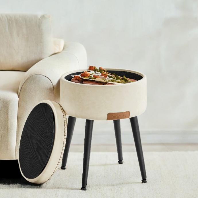 Storage Ottoman Vanity Chair, Mid-Century Modern Round Stool with Steel Legs and 330 lb Capacity, Cream White