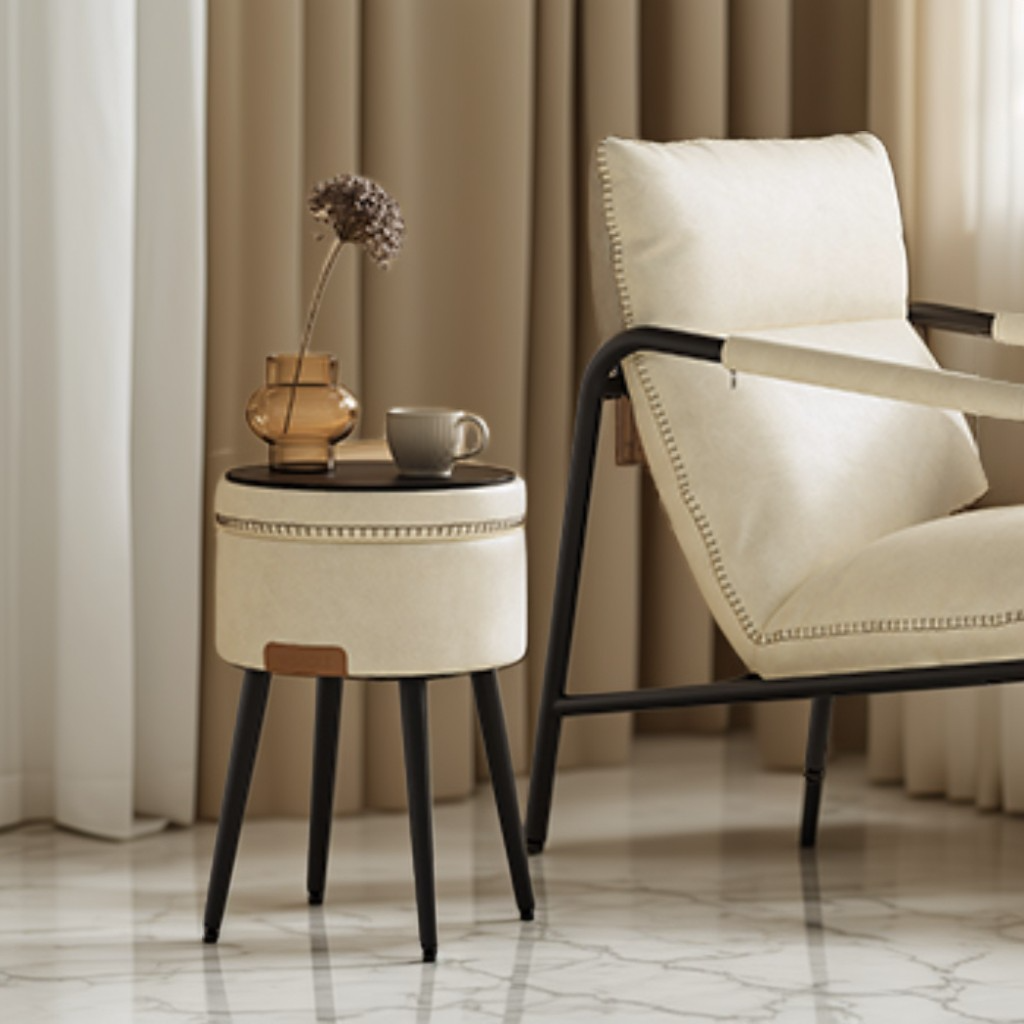 Storage Ottoman Vanity Chair, Mid-Century Modern Round Stool with Steel Legs and 330 lb Capacity, Cream White