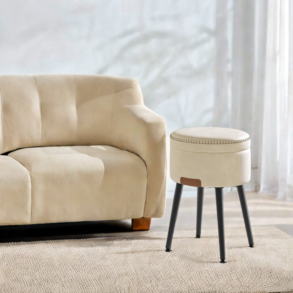 Storage Ottoman Vanity Chair, Mid-Century Modern Round Stool with Steel Legs and 330 lb Capacity, Cream White