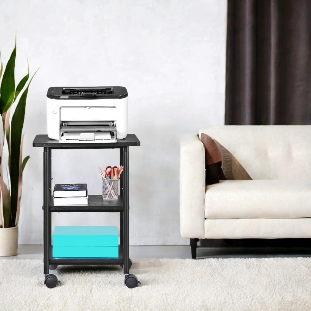 Heavy-Duty Mobile Printer Stand with Locking Wheels, 3-Tier Adjustable Height Cart with Storage Shelf for Home and Office, Ebony Black