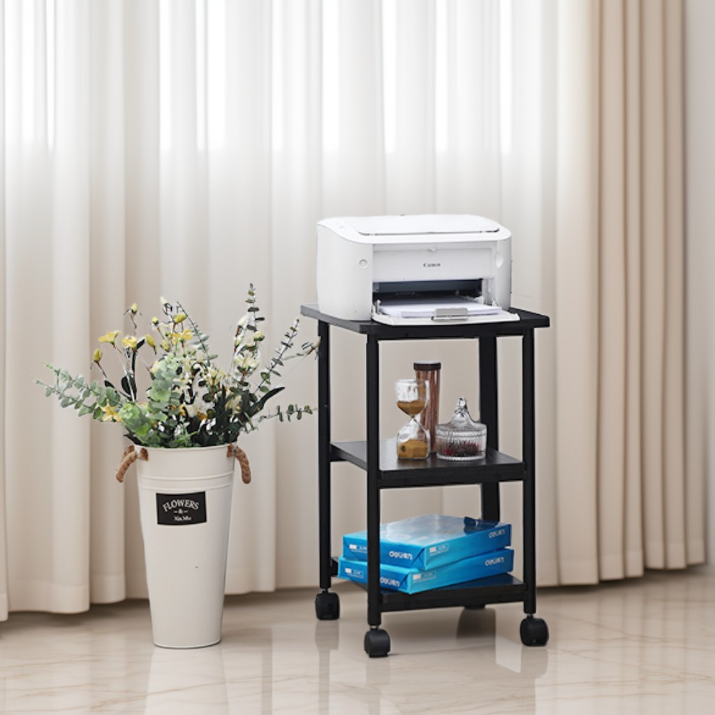 Heavy-Duty Mobile Printer Stand with Locking Wheels, 3-Tier Adjustable Height Cart with Storage Shelf for Home and Office, Ebony Black