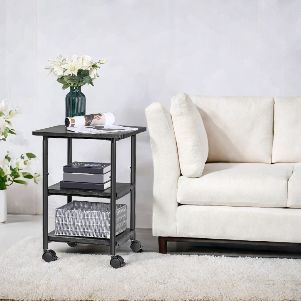 Heavy-Duty Mobile Printer Stand with Locking Wheels, 3-Tier Adjustable Height Cart with Storage Shelf for Home and Office, Ebony Black