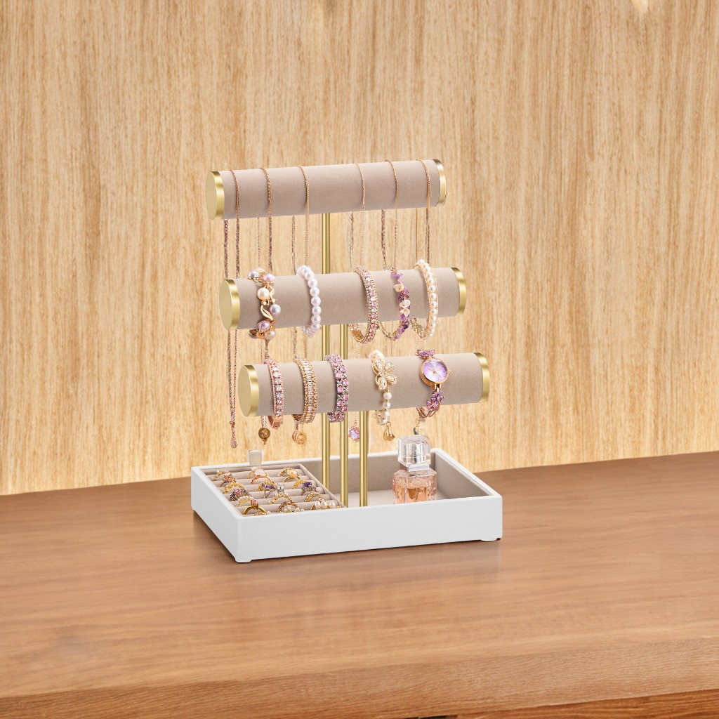 3-Tier Bracelet Holder Stand with Velvet Tray and Removable Ring Holder, Jewelry Display Organizer, Cloud White and Camel Brown