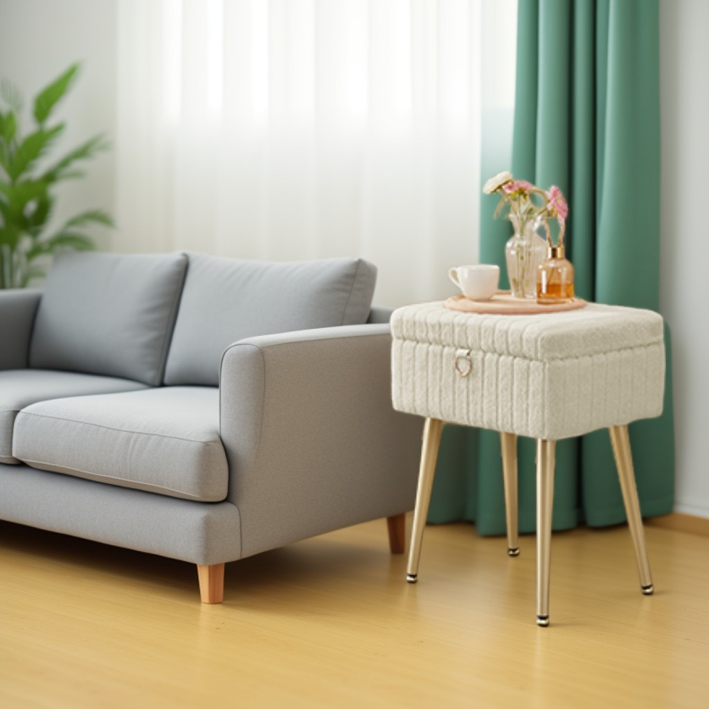 Vanity Stool with Storage and Removable Dividers, Makeup Stool and Footrest with Adjustable Feet for Bedroom and Living Room, Cappuccino Beige