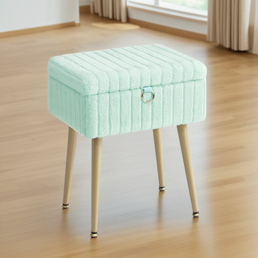 Vanity Stool with Storage and Removable Dividers, Makeup Stool and Footrest with Adjustable Feet for Bedroom and Living Room, Moonlight Green