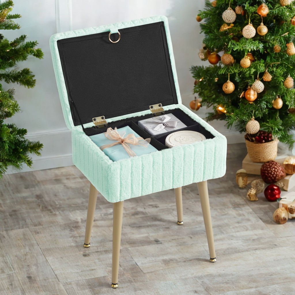 Vanity Stool with Storage and Removable Dividers, Makeup Stool and Footrest with Adjustable Feet for Bedroom and Living Room, Moonlight Green