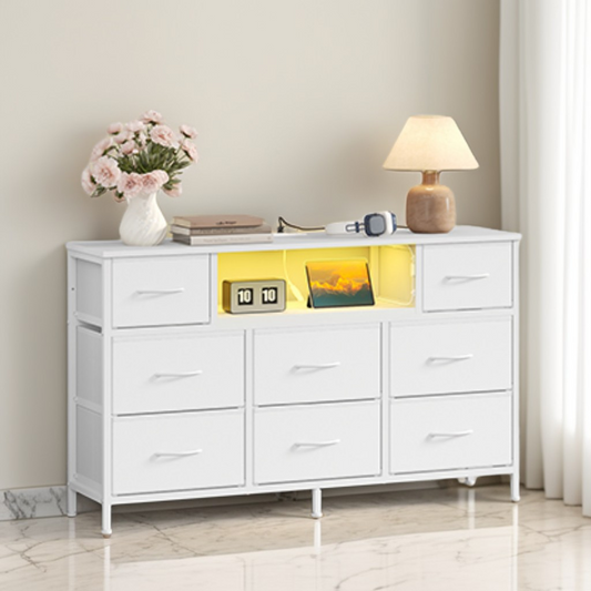 8-Drawer Dresser with LED Lights & Charging Station, Modern Chest of Drawers for Bedroom, Living Room, Fits TVs up to 55 Inches, Cloud White