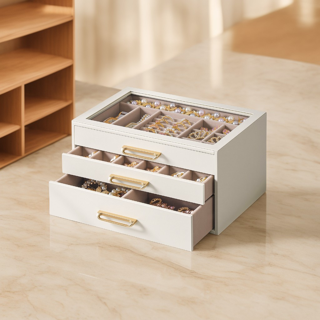 3-Layer Jewelry Box with Glass Window, Jewelry Storage Organizer with 3 Drawers and Golden Handles, Cream White, 6.3 x 9.4 Inches