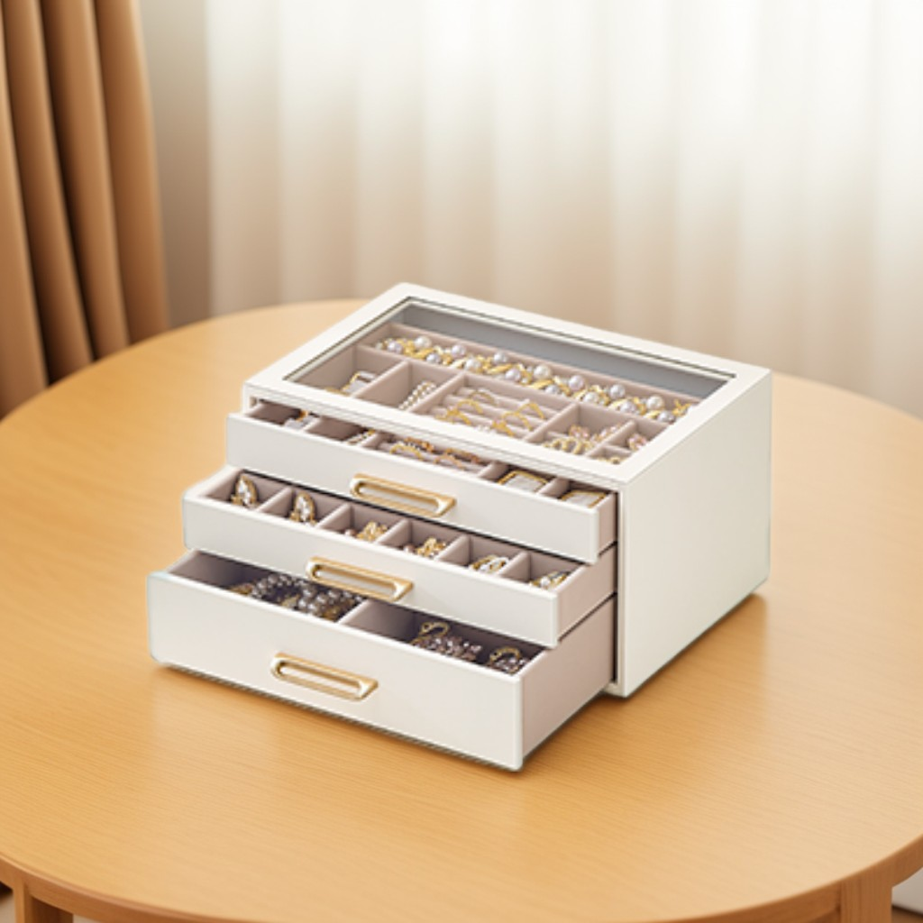 3-Layer Jewelry Box with Glass Window, Jewelry Storage Organizer with 3 Drawers and Golden Handles, Cream White, 6.3 x 9.4 Inches