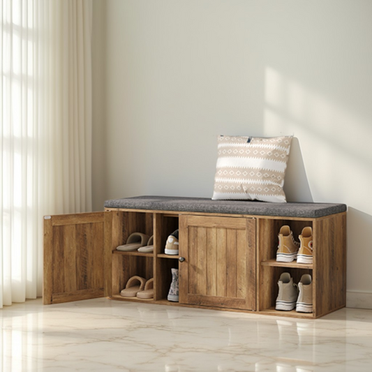 Entryway Shoe Bench with Toolless Assembly, Storage Bench with Cushion & Adjustable Shelves, 40.2 x 17.3 x 14 Inches, Honey Brown and Slate Gray