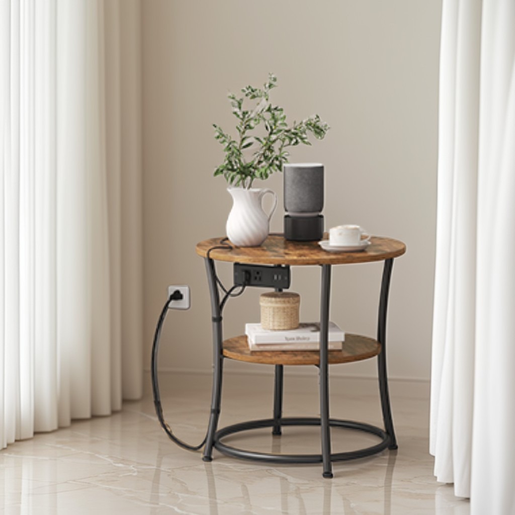 21.7-Inch Round Side Table with Power Outlets, 2-Tier End Table with Steel Frame, Nightstand for Living Room, Bedroom, Rustic Brown and Ink Black