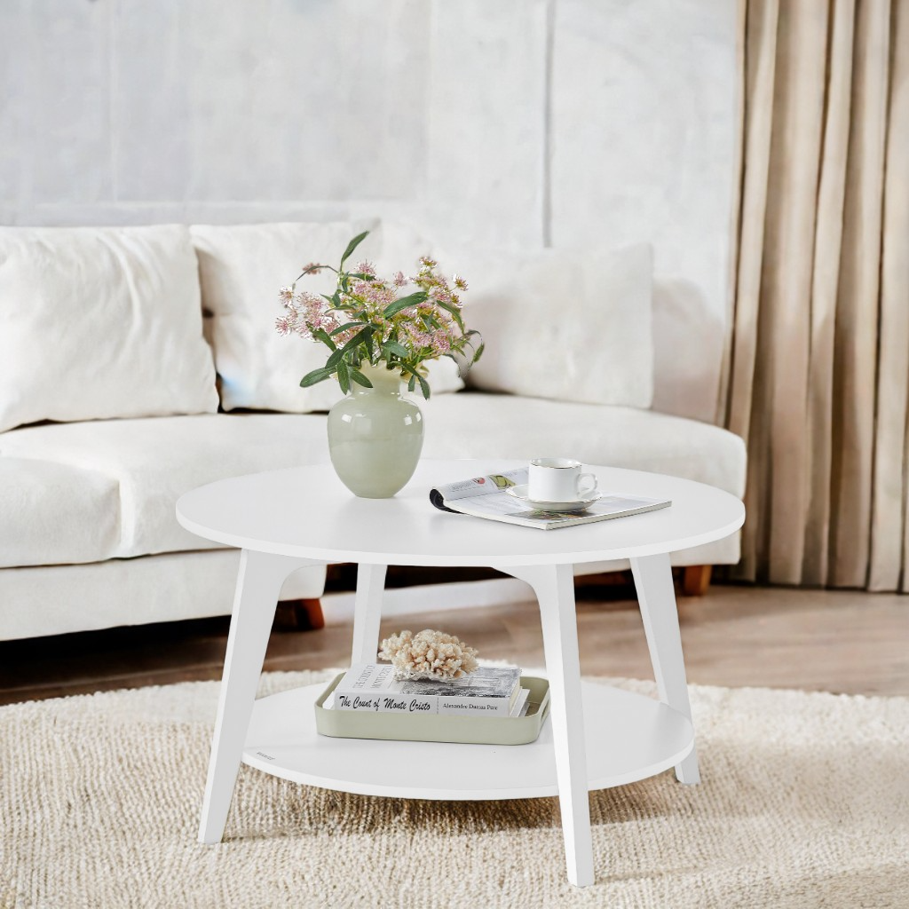 Round Coffee Table, 2-Tier Mid-Century Modern Center Table with Tapered Legs, for Living Room, 31.5 x 17.7 Inches, Snow White