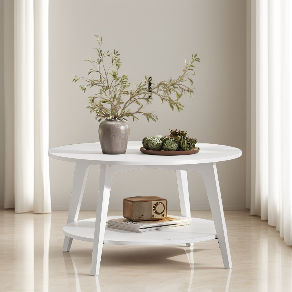 Round Coffee Table, 2-Tier Mid-Century Modern Center Table with Tapered Legs, for Living Room, 31.5 x 17.7 Inches, Snow White