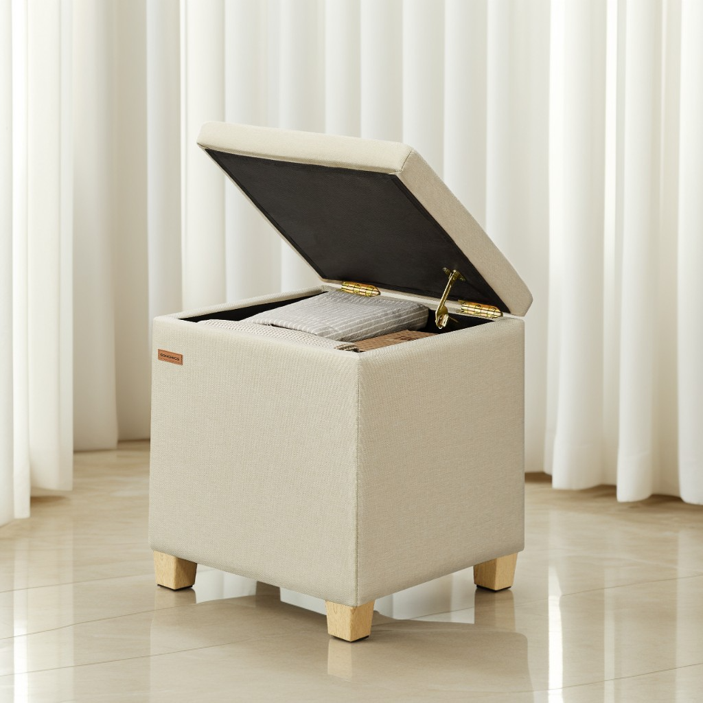Square Storage Ottoman with Hinged Lid, 14-Gallon Footrest Stool with Solid Wood Frame, for Living Room, Bedroom, 16.9 x 18.1 x 16.9 Inches, Summer Sand